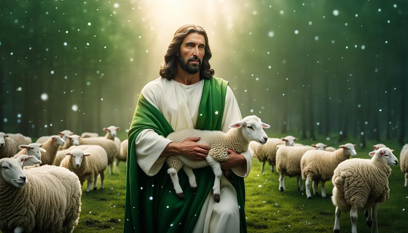 Christmas Scene: Jesus with Lamb in Snowy Woods