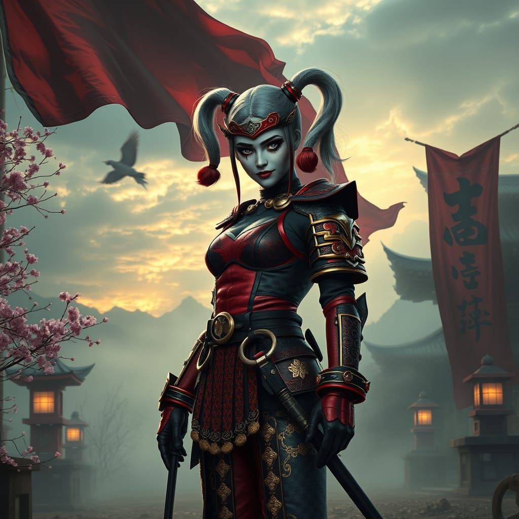 Harley Quinn Samurai Warrior in Crimson Armor