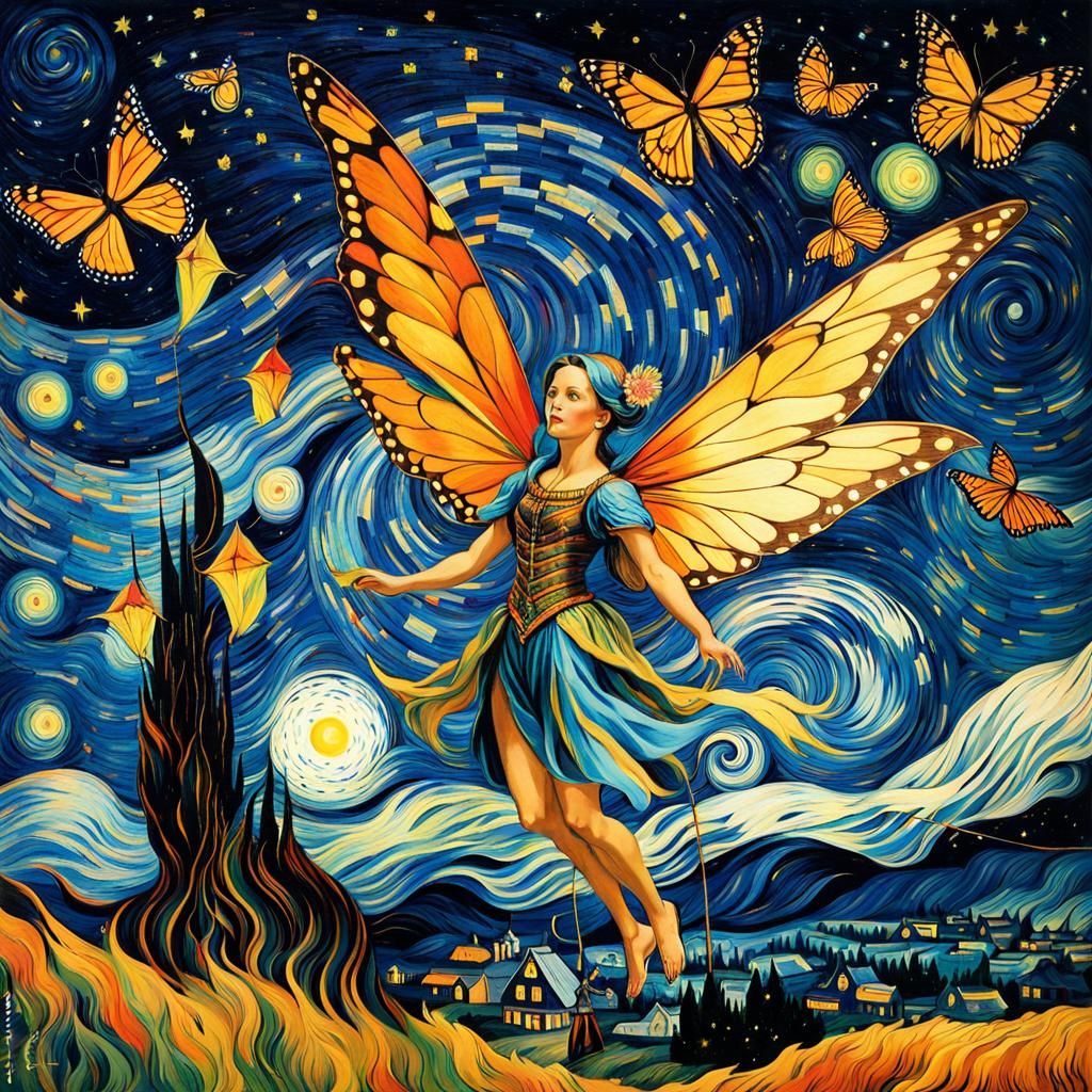 Fairy with Kite in Starry Night, in Van Gogh Style