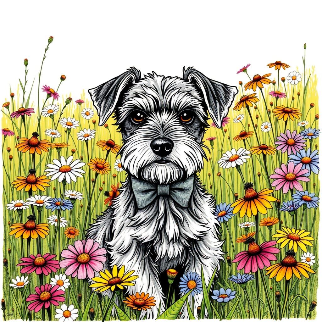 Miniature Schnauzer in a Whimsical Wildflower Meadow