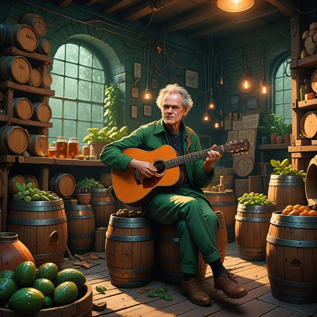Fingerpicking Guitarist in Whimsical Pickled-Gherkin Factory