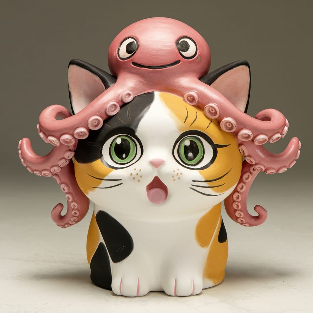 Minimalist Anime Cat with Octopus Headpiece