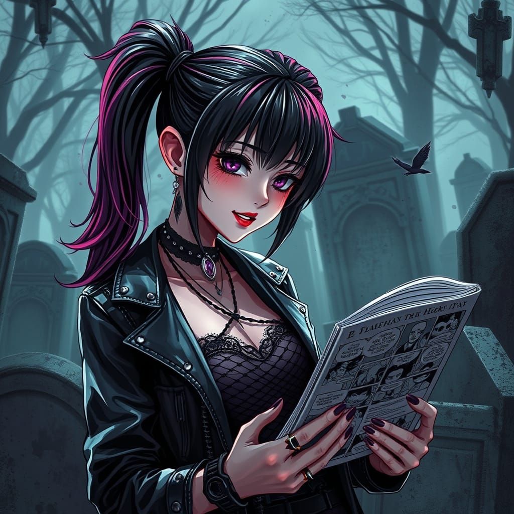 Gothic Punk Woman Reading Comic in Misty Cemetery