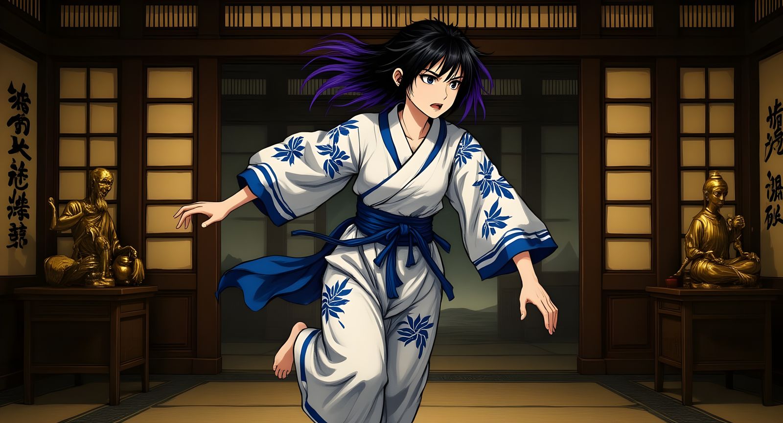 Manga Warrior in Ancient Temple, Sumi-e Style