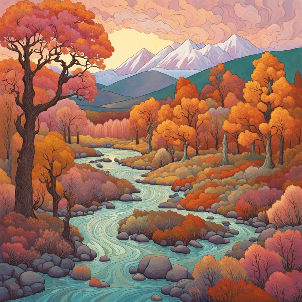 Charming Autumn River Landscape in Pastel Colors