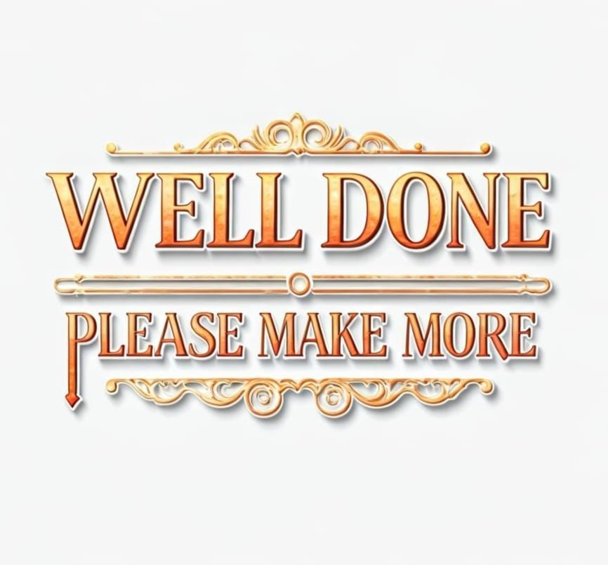 In an enchanting anime-style illustration, the large, triple-bold, 3D, raised logo "WELL DONE" please make more", on two...
