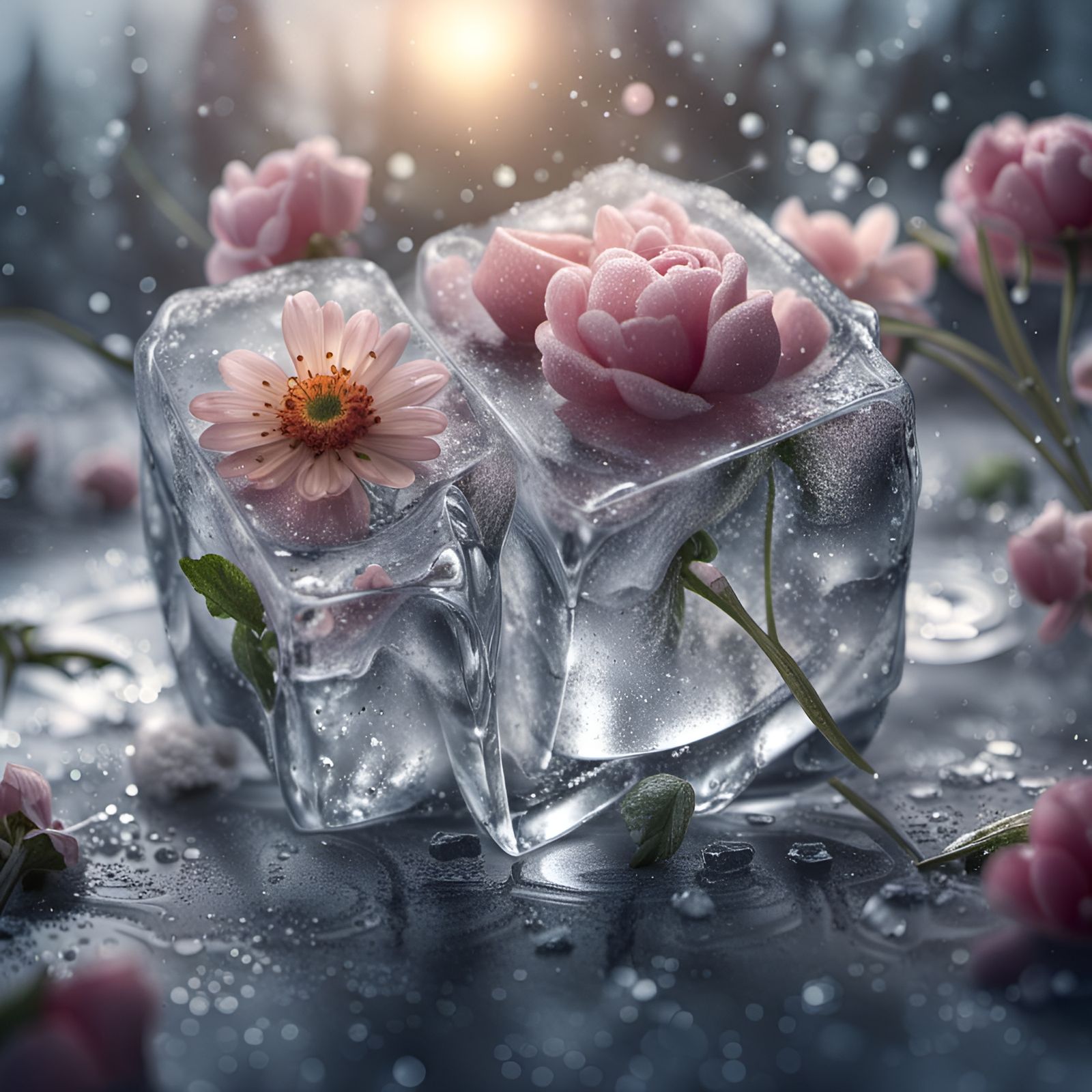 Frozen Flowers in Ice: Cinematic Winter Scene