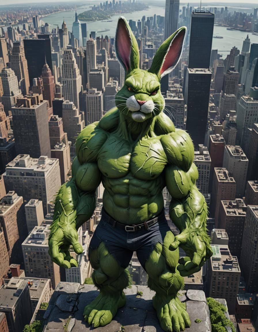 Bunny Cosplaying as Hulk in New York, Digital Art