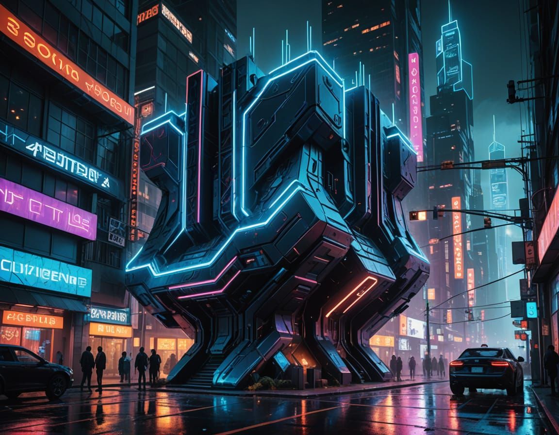Cyberpunk Cityscape with Futuristic Sculpture in Neon Lights