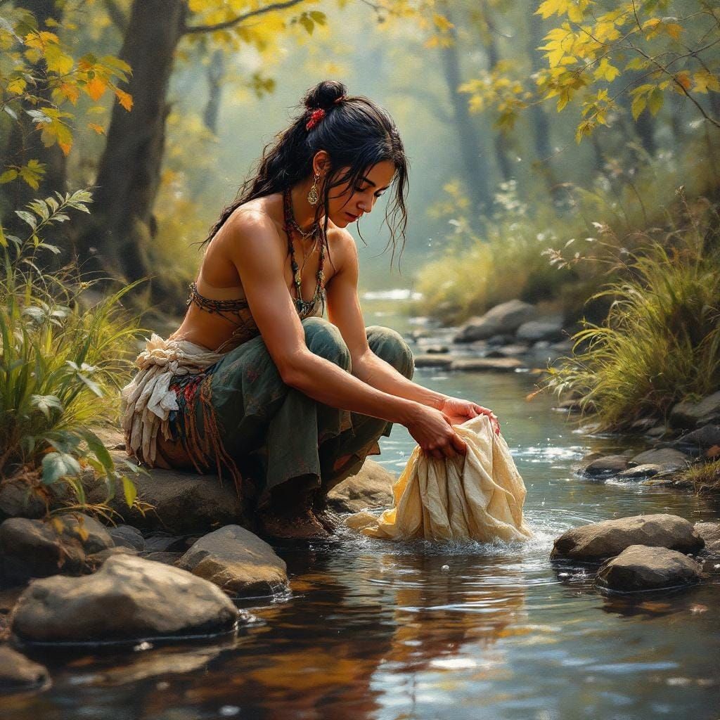 Native American Woman Washing Clothes as Gouache Painting