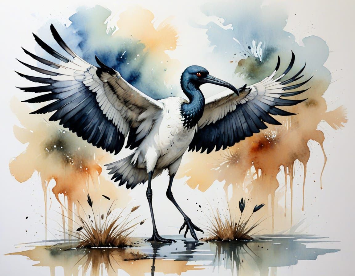 African Sacred Ibis in Ethereal Watercolor and Ink