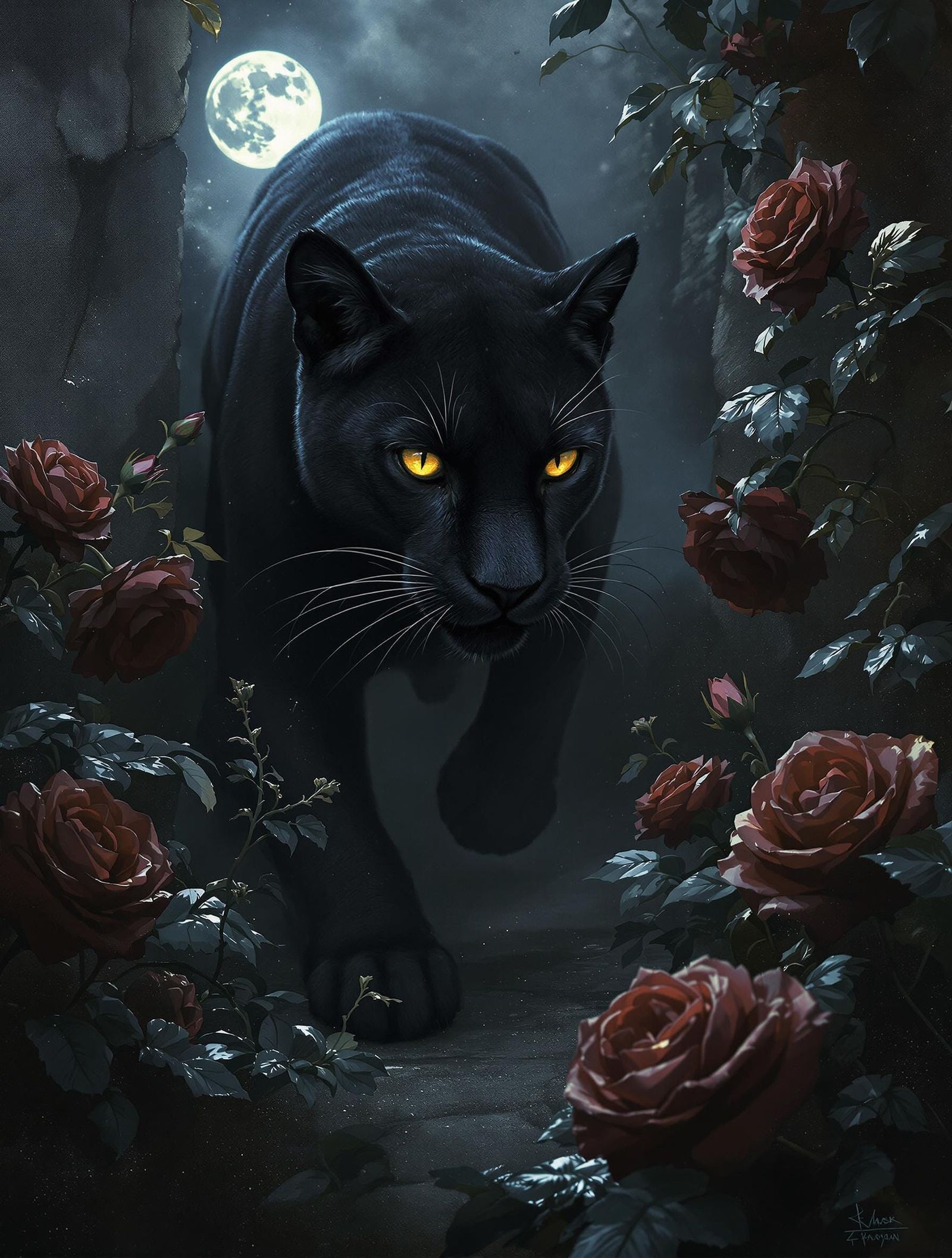 Black Panther in Moonlit Rose Garden: Chiaroscuro Digital Ar...