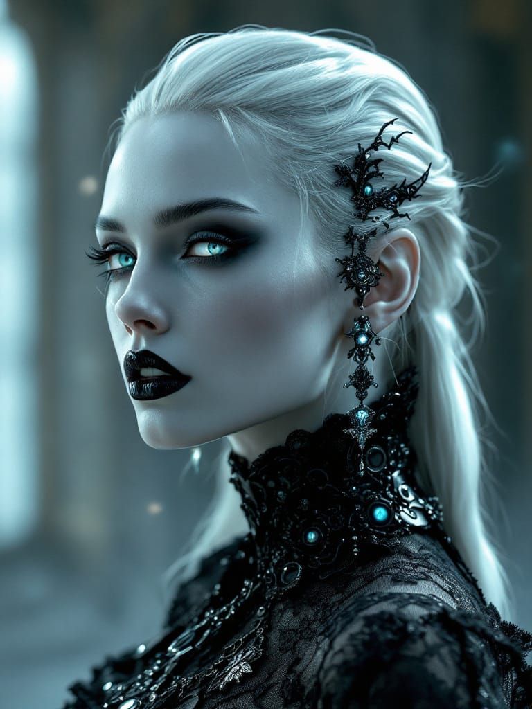 Pale Vampiric Empress in Obsidian Lace