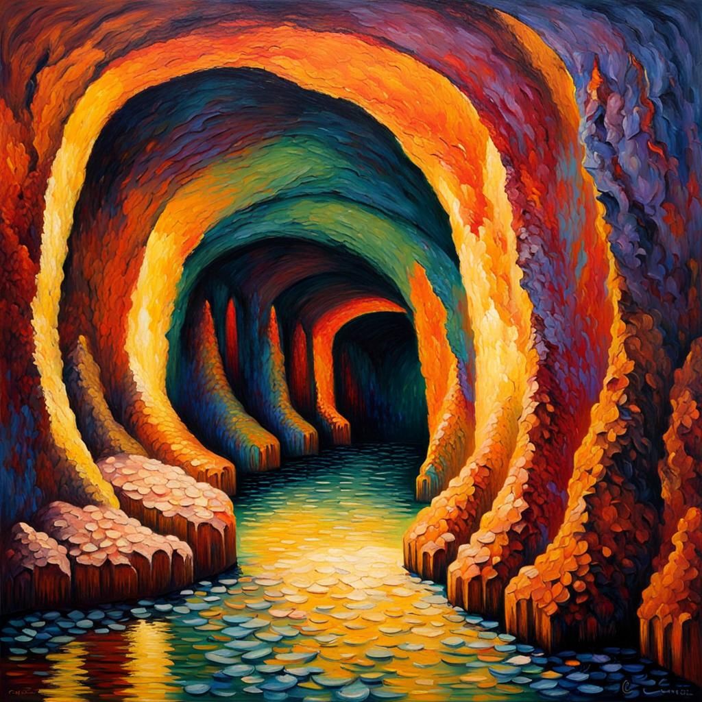 Paris Underground Caverns: Neo-Impressionist Oil Painting