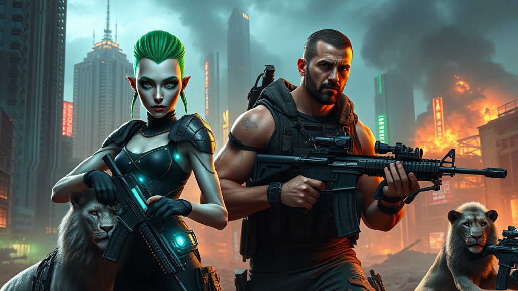 Alien Warrior and Soldier in Futuristic Battle Scene