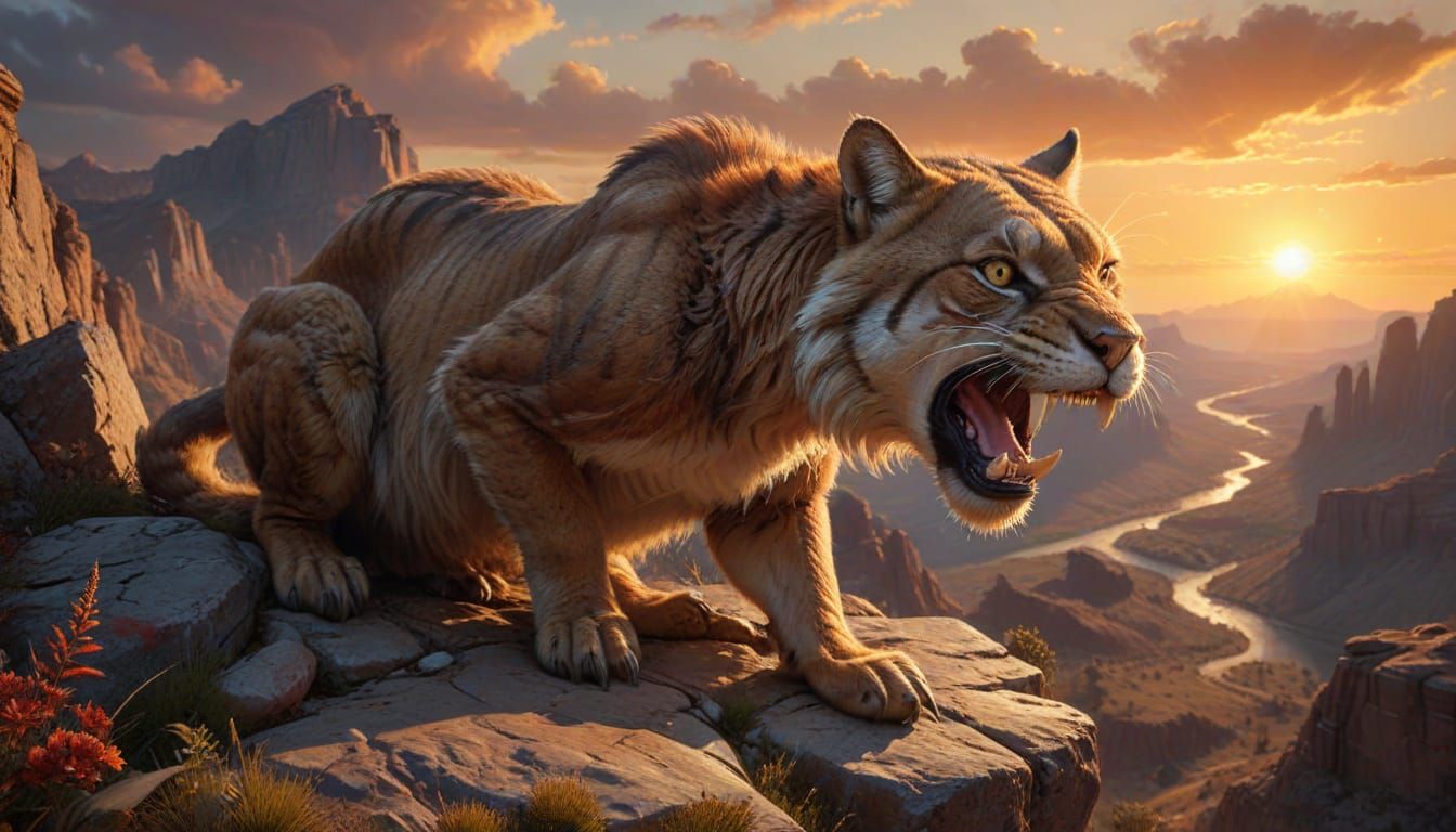 Sabertooth Cat Surveys Prehistoric Landscape in Hyperrealism