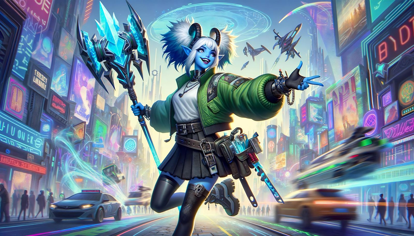 Futuristic Middle Eastern Woman with Ice Axe in Cyberpunk Ci...