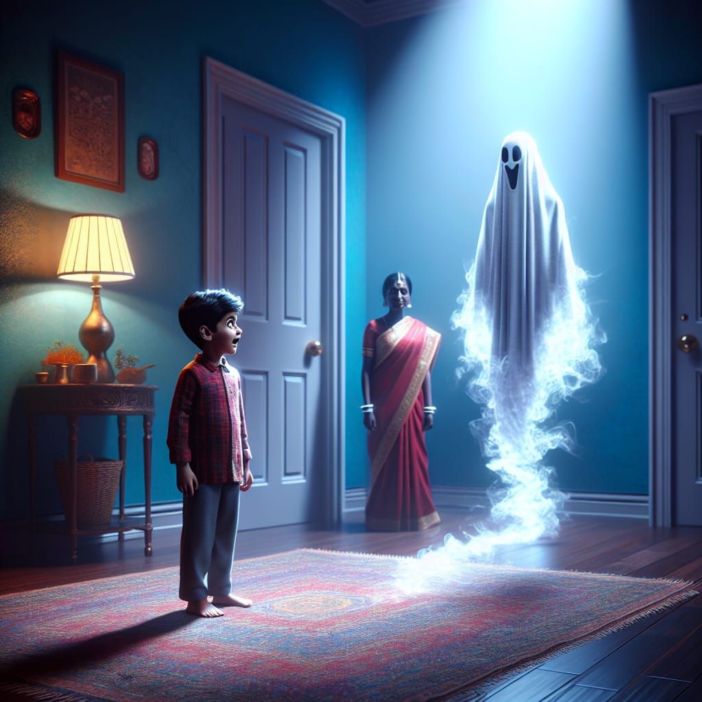 Terrified Boy and Ghost in Eerie Blue Light
