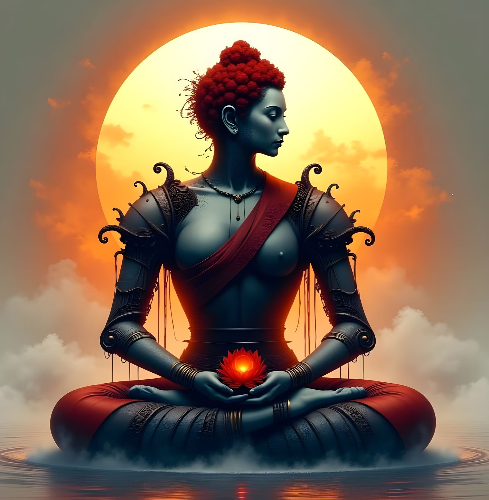 asian mech-robot in a buddha