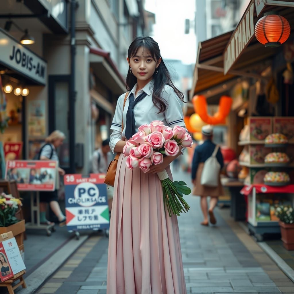 Japanese Idol Student with Roses in Street Market