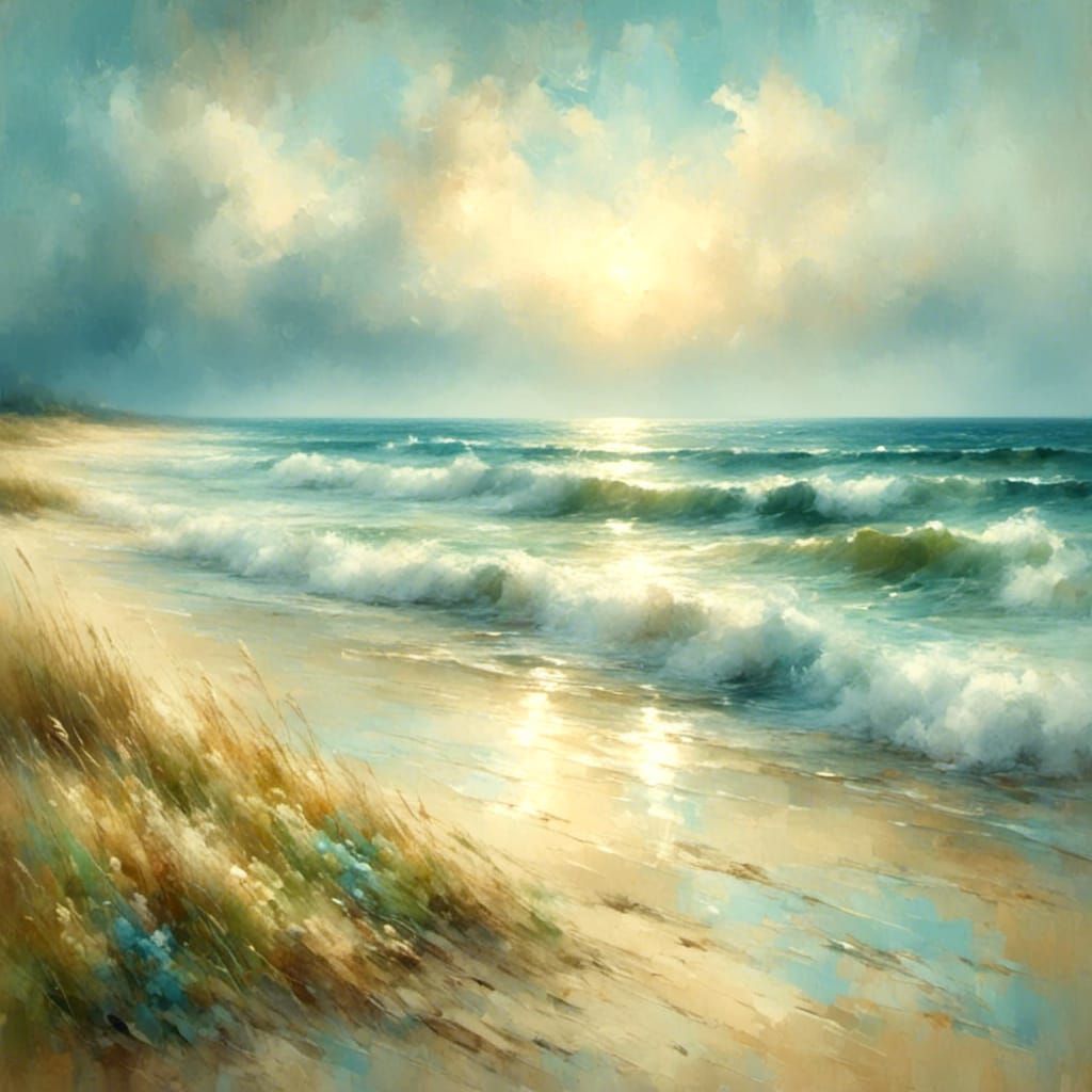 Impressionist Seascape with Golden Light and Soft Waves