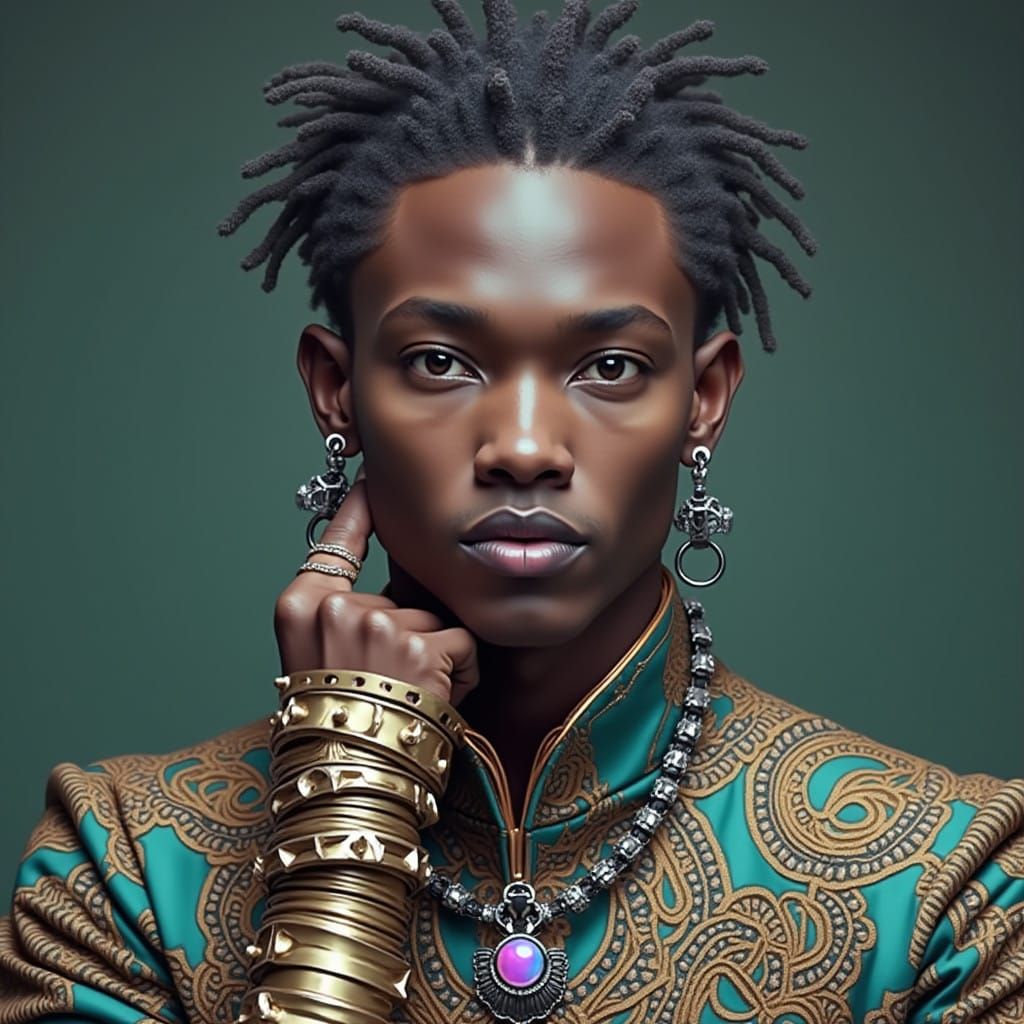 Hyperrealistic Portrait of a Handsome Male in Afrofuturist C...