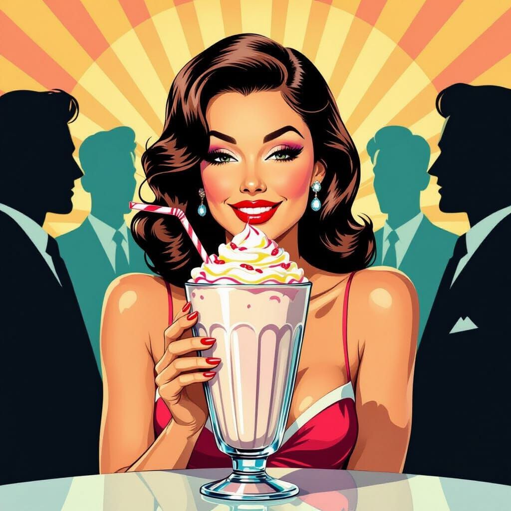 Confident Woman with Milkshake, Admired by Silhouetted Men