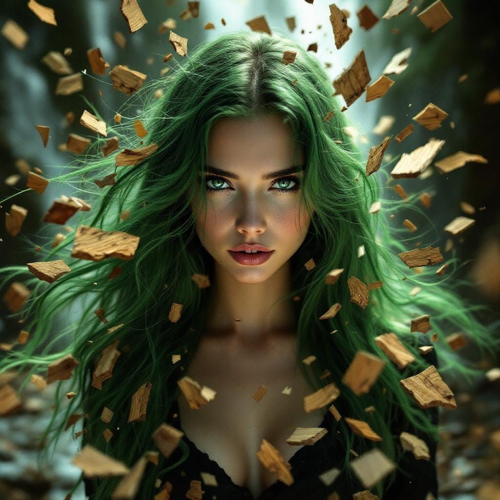 Striking Portrait with Glitch Art and Flowing Green Hair