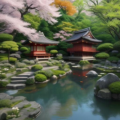 Serene Japanese Garden with Cherry Blossoms