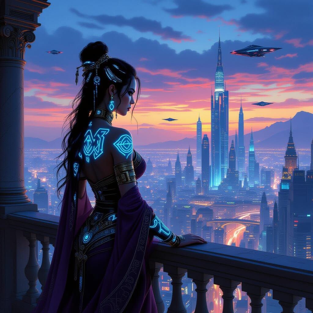 Sorceress with Glowing Runes Overlooking Cyberpunk Cityscape
