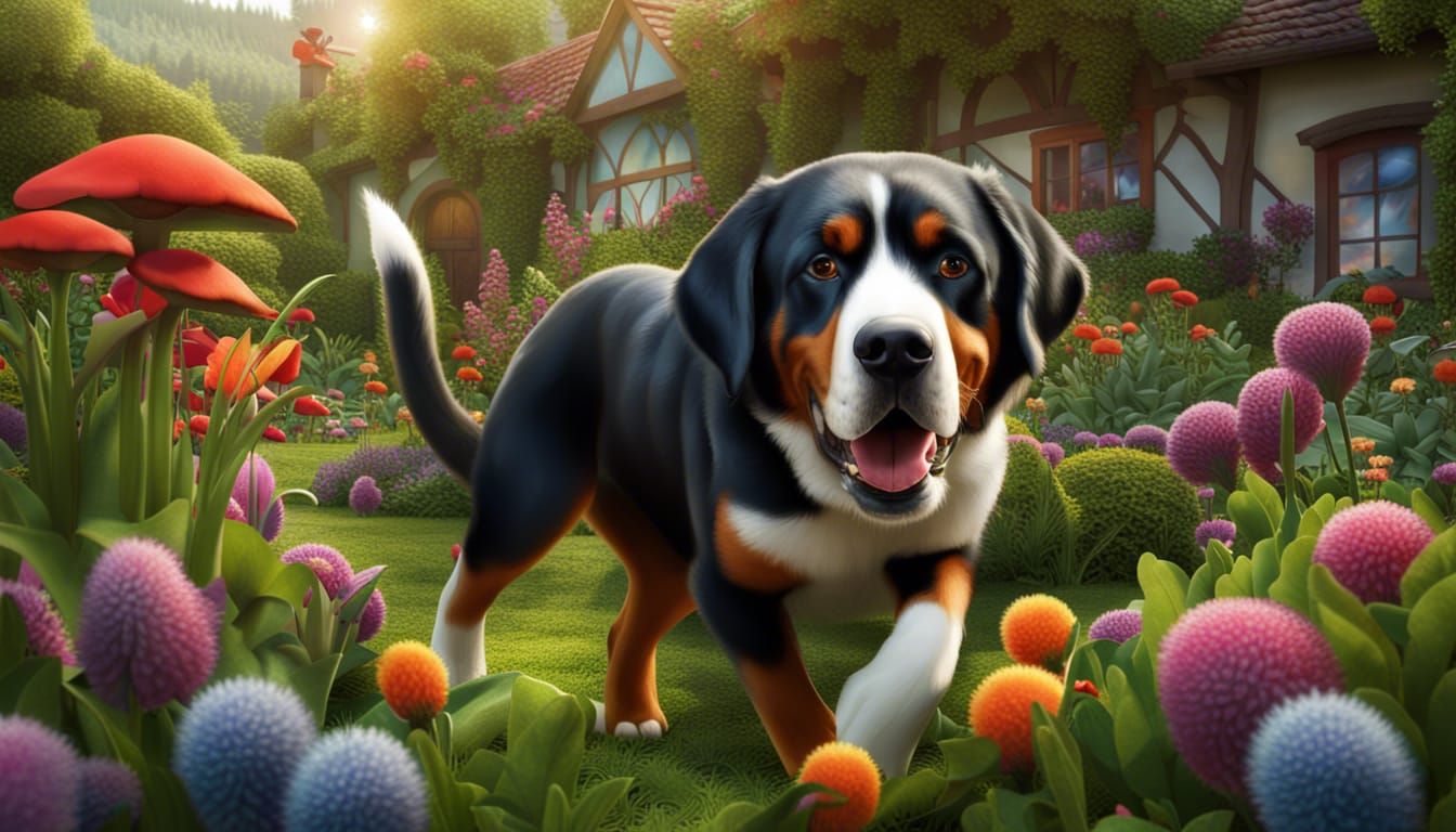 Swiss Mountain Dog Chasing Gnome in Garden