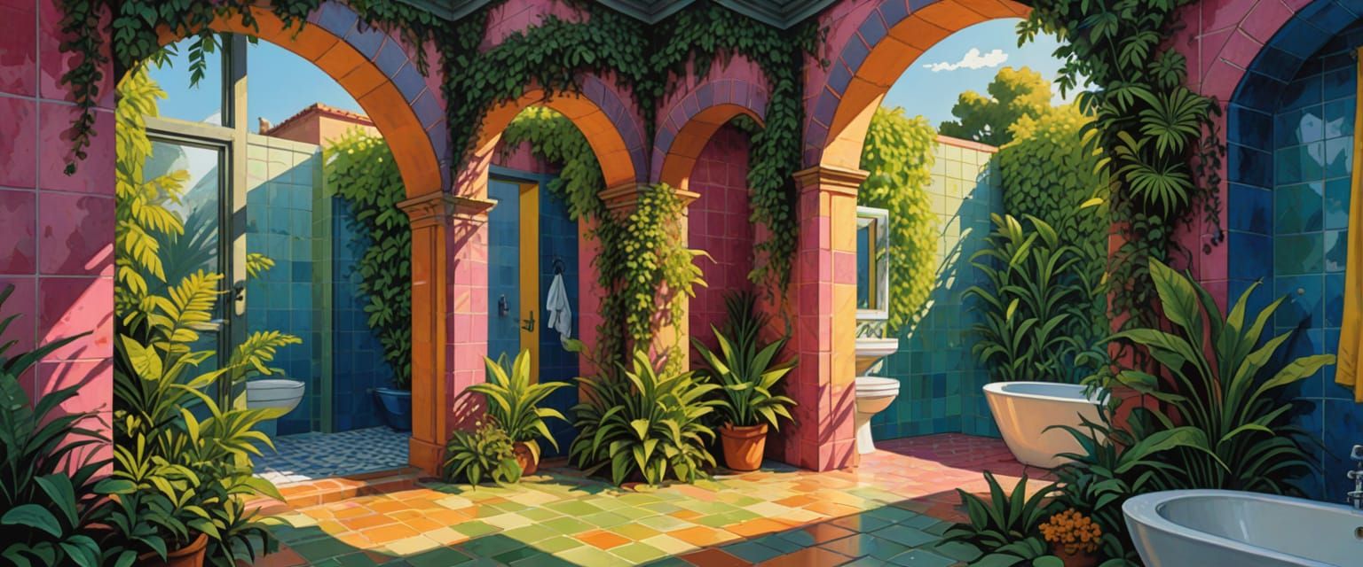 Outdoor Bathroom in Comic Book Style with Pink Tiles