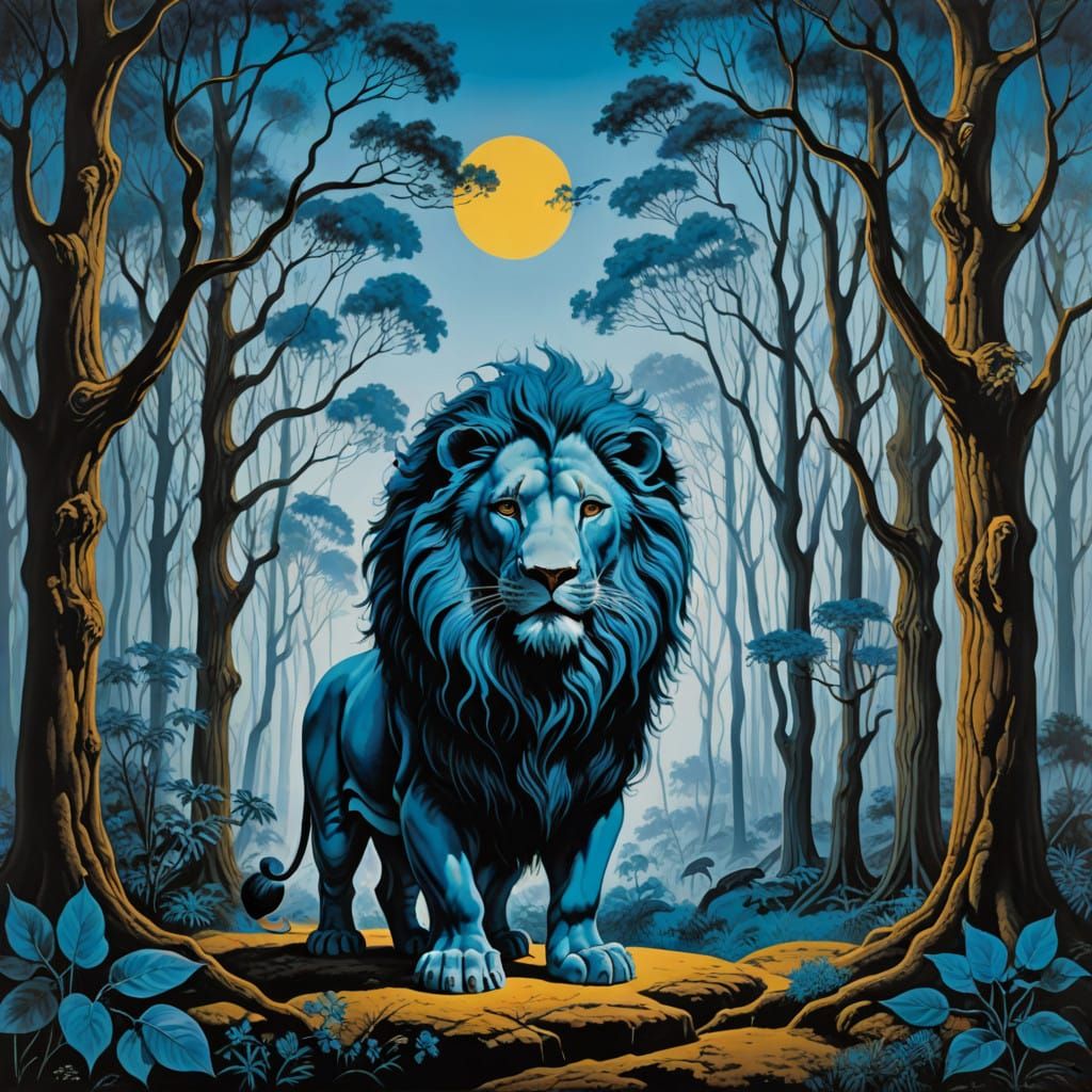 Surreal Blue Lion in Forest, Salvador Dali Style