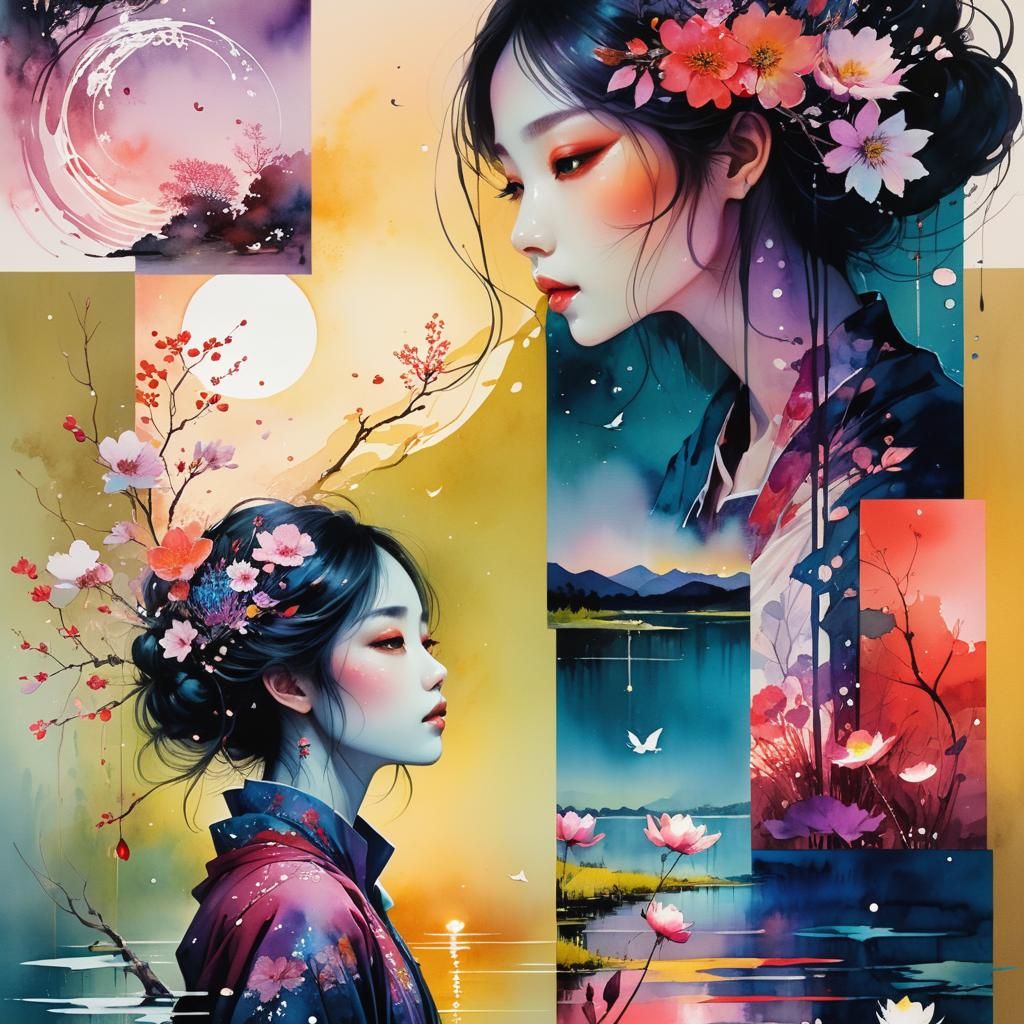 Dreamy Lake Glade at Night in Watercolor Style