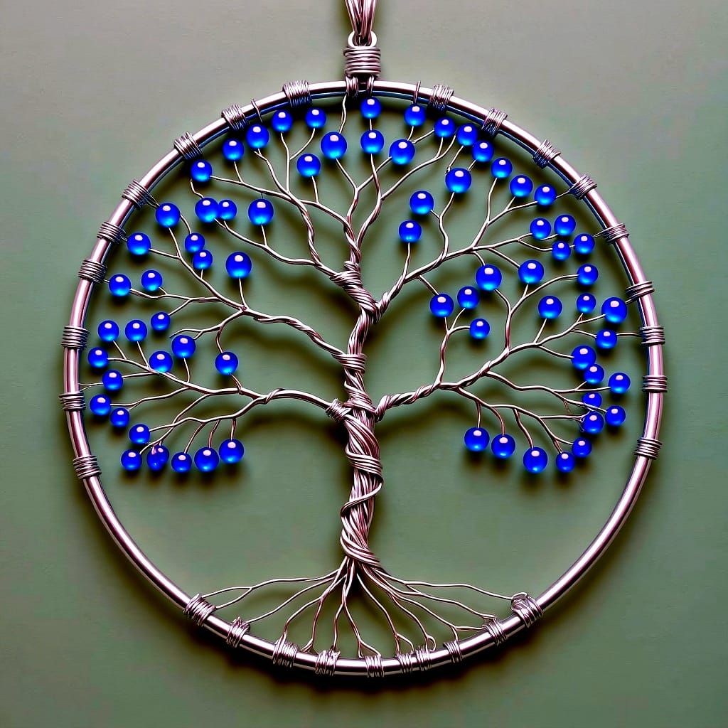 Tree of Life Sculpture with Copper Wire and Red Rubies