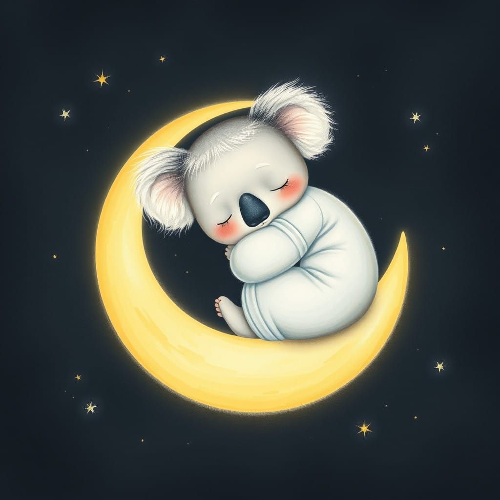 Serene Baby Koala on Crescent Moon in Whimsical Dreamlike Il...