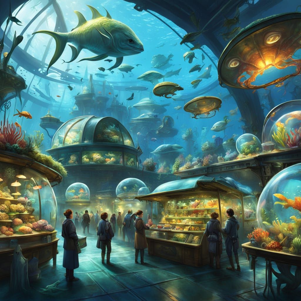 Underwater Market Scene with Humans and Aquatic Aliens