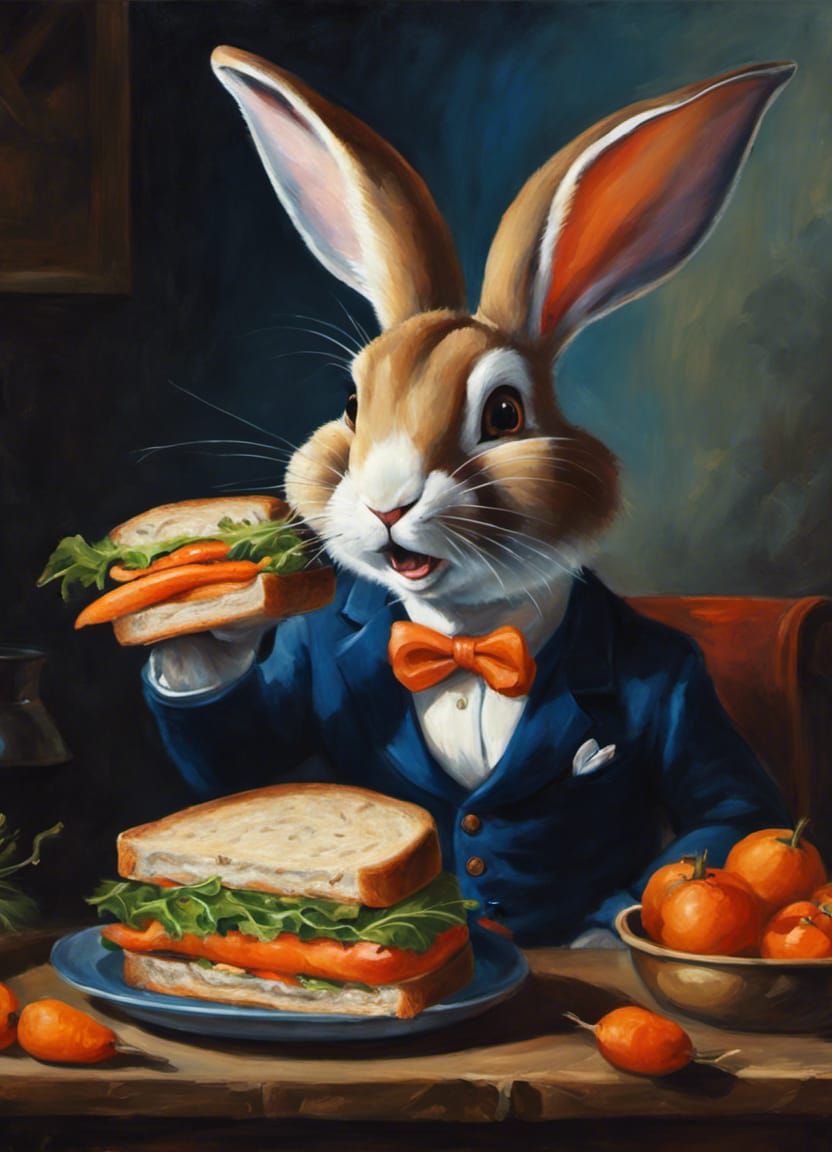 Rabbit in Waistcoat Eating Carrot Sandwich, Expressive Oil P...