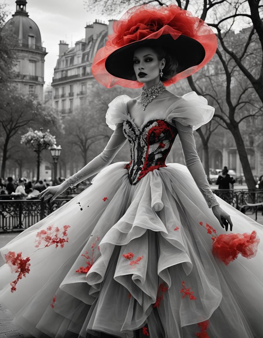 Elegant Model in Rococo Dress Dancing in Paris