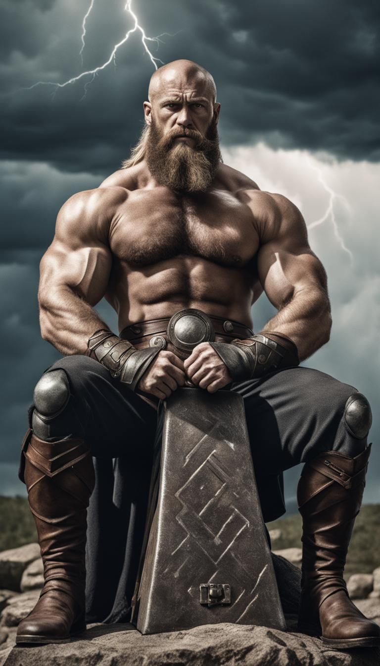Epic Thor with Hammer in Thunderstorm, Cinematic Style