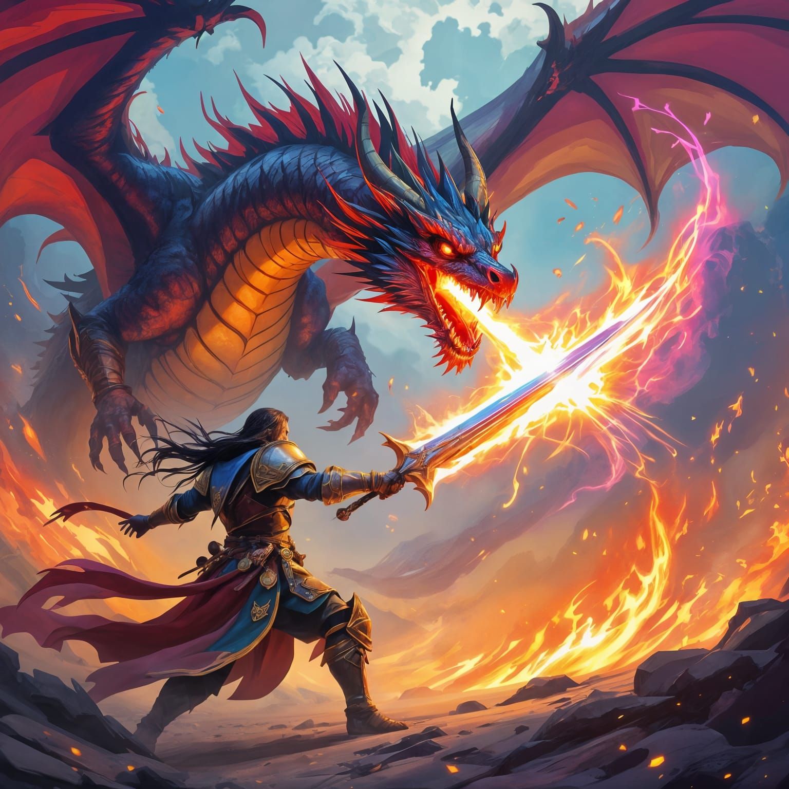 Vibrant Fantasy Scene with Dragon, D&D Style