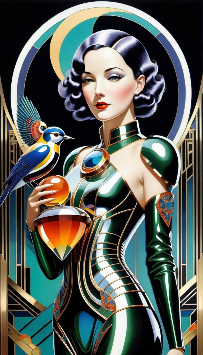 Fragile Android in Art Deco Sci-Fi Cityscape