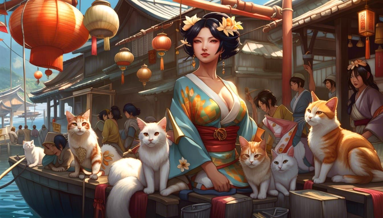 Aoshima Japan (cat island) A pretty geisha girl and many of the moggies