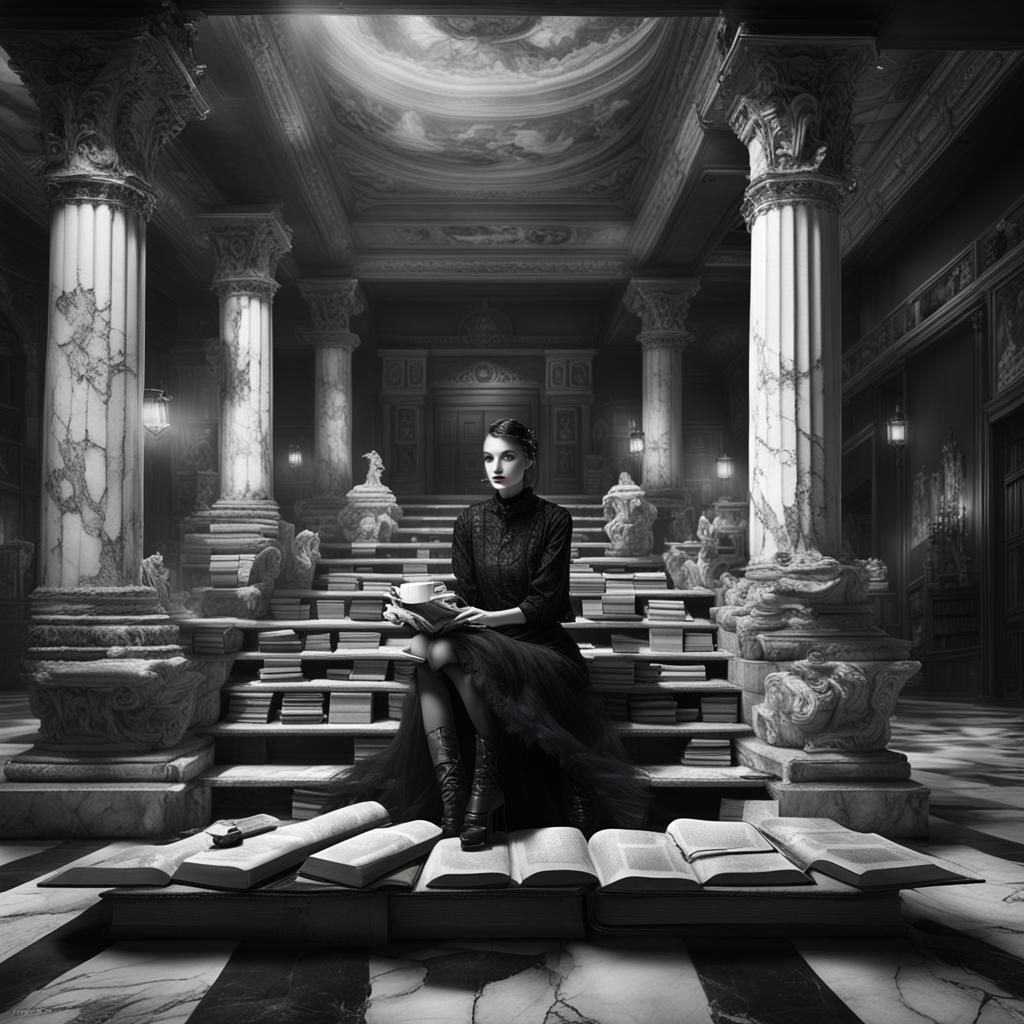 Gothic Model in Coffee Shop, Black and White Photography