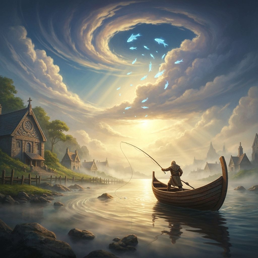 Mythic Fishing Village Merges with Dreamlike Sky-Realm