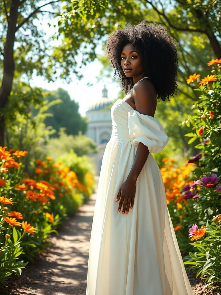 Black Woman in White Gown in Sunlit Garden