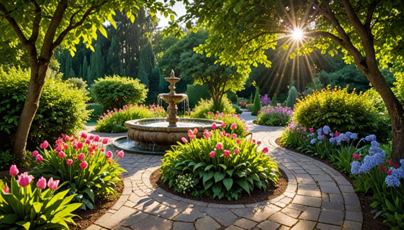 Serenity in a Vibrant Garden Oasis, Painted in a Whimsical R...