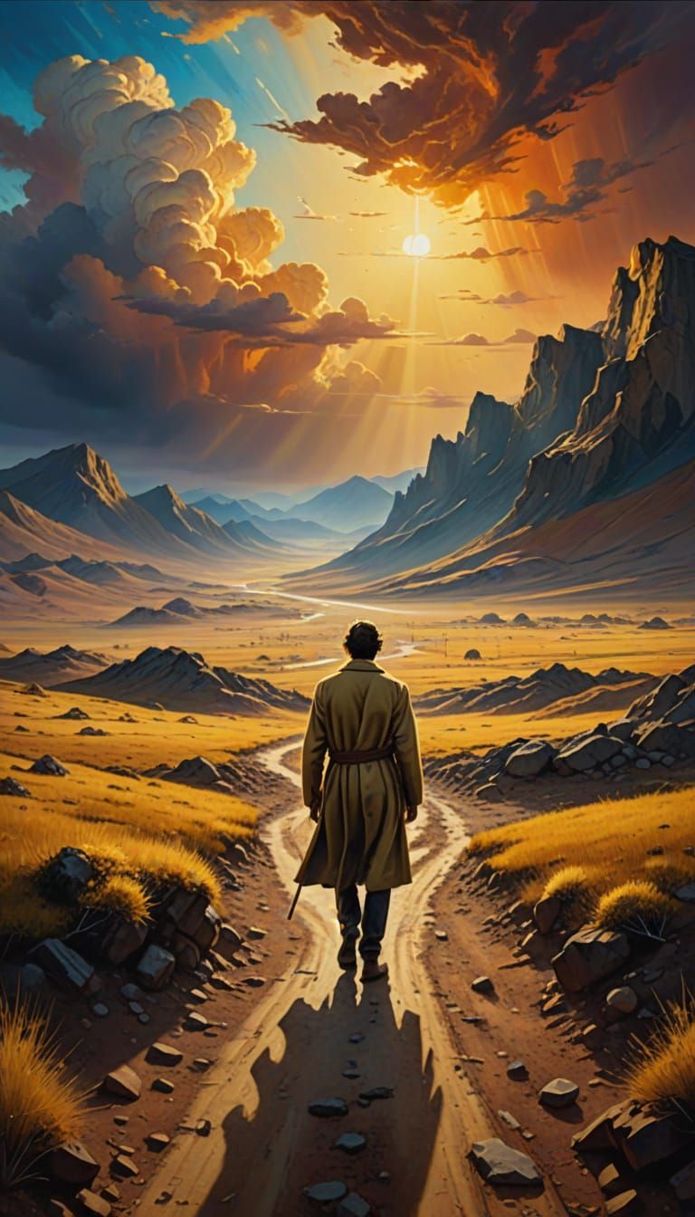 Yahweh in a Desolate Landscape: Surreal Oil Painting