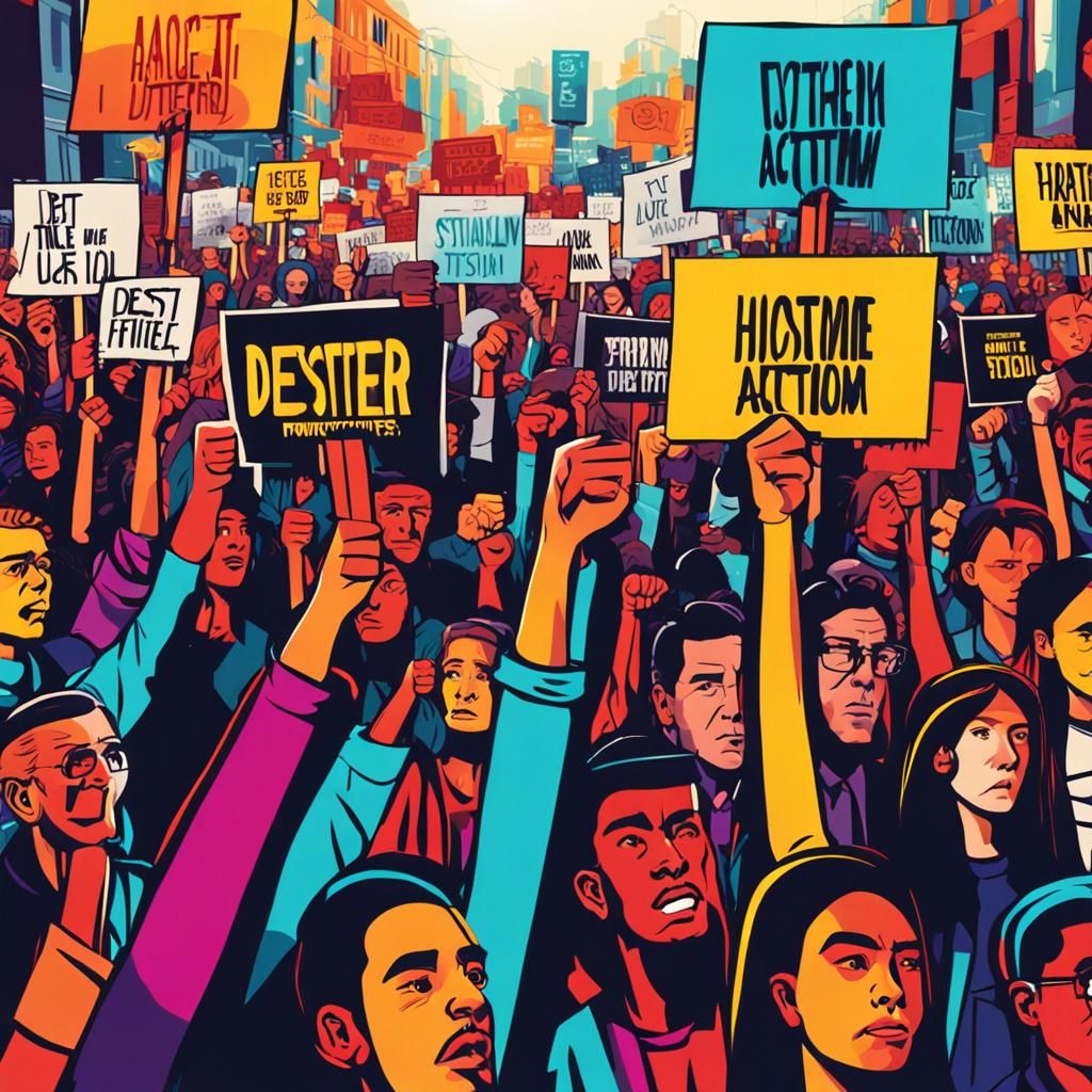 Vibrant Protest Art in Crowded City Street