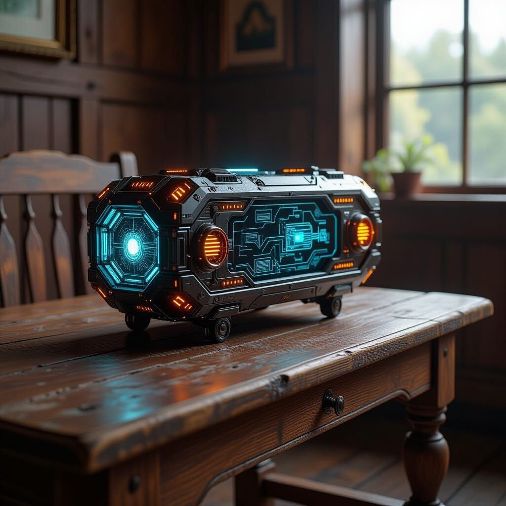 Intricate Agtech Machine on Ancient Oak Table